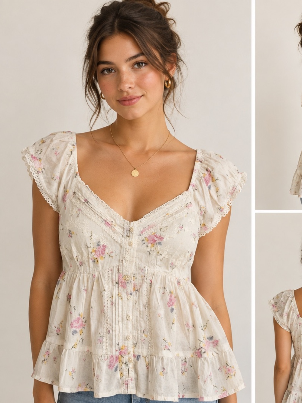 Universal Thread Cream Floral Lace-Trim Peplum Tunic